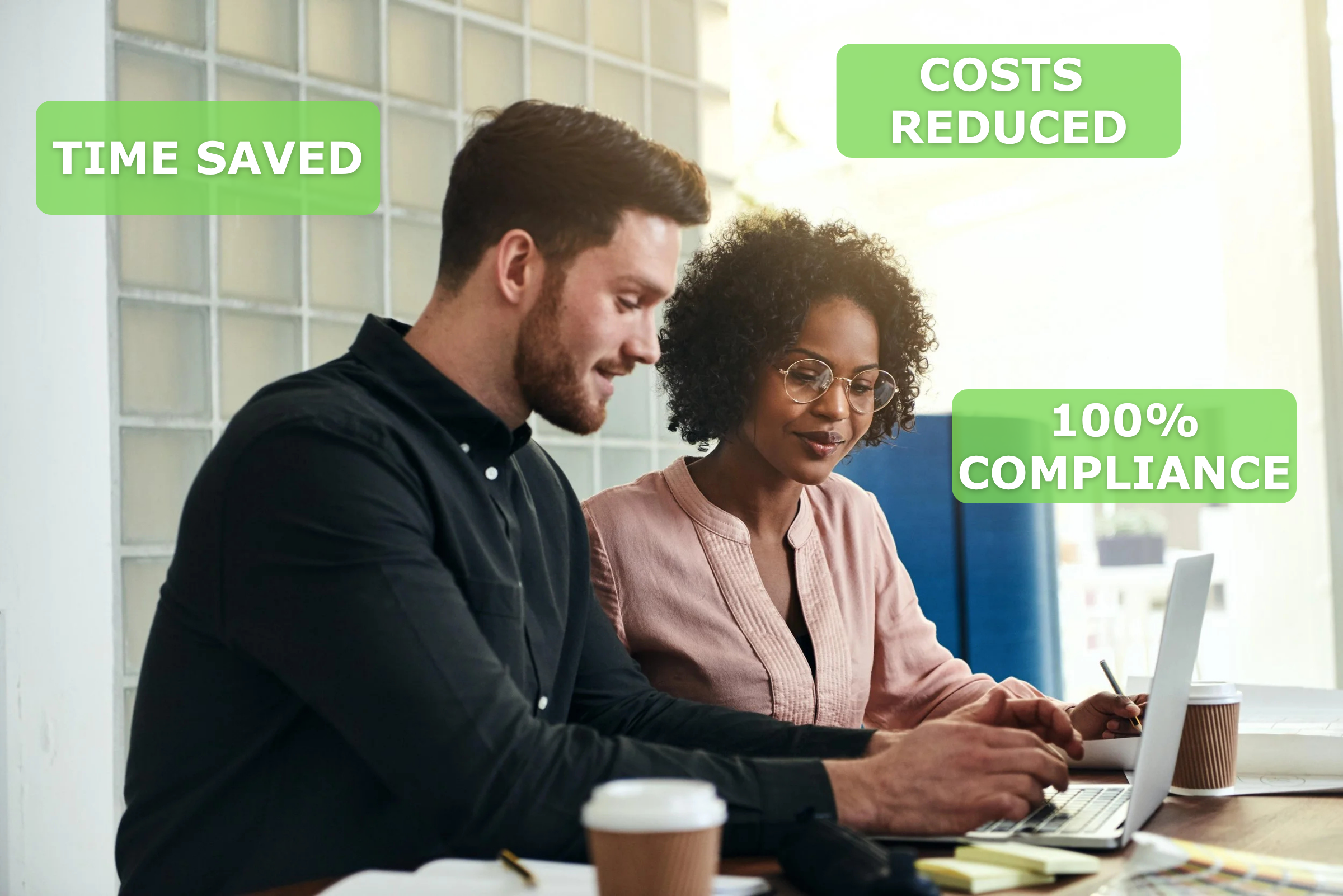 Two HR managers reviewing employee time and attendance system on a laptop — Time Saved, Costs Reduced, 100% Compliance